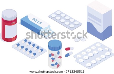 isometric medical pill tablet container plastic bottle drug capsules pharmaceutical care treatment 3d flat illustration pharmacy medication
