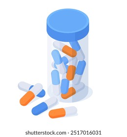 Isometric medical pills bottle. Plastic jar with drug capsules, tabletes container with lid 3d flat vector illustration. Pharmacy medications on white