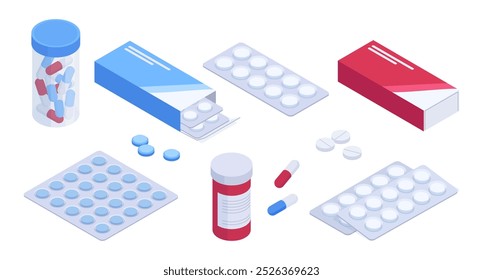 Isometrische Medikamente. Tablettes Behälter, Plastikflasche mit Medikamentenkapseln, pharmazeutische medizinische Behandlung 3D flache Vektorgrafik-Set. Apotheke Medikamente auf weiß