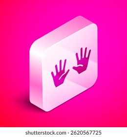 Isometric Medical rubber gloves icon isolated on pink background. Protective rubber gloves. Silver square button. Vector