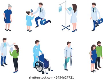 Isometric medical staff providing care support diverse patients. Doctors, nurses, elderly injured characters interacting healthcare settings. Pregnant couple, wheelchair assistance, IV drip stand