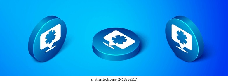Isometric Medical symbol of the Emergency - Star of Life icon isolated on blue background. Blue circle button. Vector
