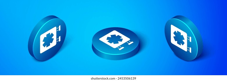 Isometric Medical symbol of the Emergency - Star of Life icon isolated on blue background. Blue circle button. Vector