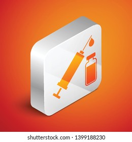Isometric Medical syringe with needle and vial or ampoule icon isolated on orange background. Vaccination, injection, vaccine, insulin concept. Silver square button. Vector Illustration
