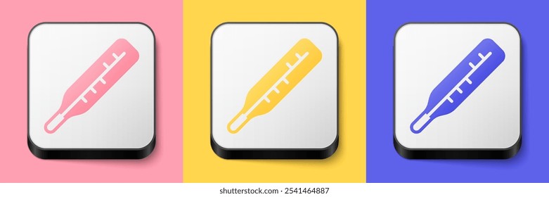 Isometric Medical thermometer for medical examination icon isolated on pink, yellow and blue background. Square button. Vector