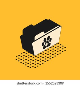 Isometric Medical veterinary record folder icon isolated on yellow background. Dog or cat paw print. Document for pet. Patient file icon.  Vector Illustration
