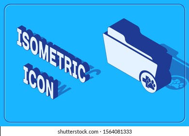 Isometric Medical veterinary record folder icon isolated on blue background. Dog or cat paw print. Document for pet. Patient file icon.  Vector Illustration