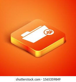 Isometric Medical veterinary record folder icon isolated on orange background. Dog or cat paw print. Document for pet. Patient file icon.  Vector Illustration