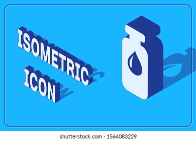 Isometric Medical vial, ampoule, bottle icon isolated on blue background. Vaccination, injection, vaccine healthcare concept.  Vector Illustration