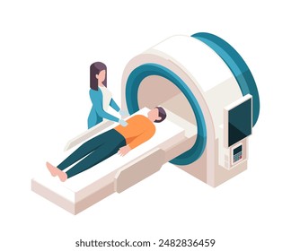 In: Isometric Medical Worker. Der Arzt untersucht den Patienten mittels MRT oder CT. Behandlung von Krankheiten und Gesundheitsversorgung. Therapeut in der Klinik oder im Krankenhaus. 3D-Vektorillustration isoliert auf weißem Hintergrund