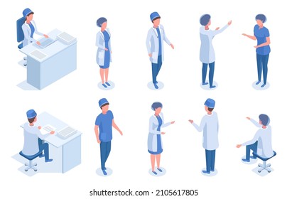 Isometric medical workers, doctor, nurse, dentist and anaesthesiologist. Hospital medical staff, medic characters vector illustration set. Healthcare employees. Medical doctor patient with stethoscope