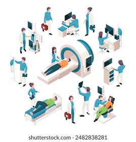 Conjunto de trabajadores médicos isométricos. Los médicos tratan a los pacientes en la clínica con equipo médico. Terapeutas con resonancia magnética, rayos X y escáner de ultrasonido. Ilustraciones vectoriales 3D aisladas sobre fondo blanco