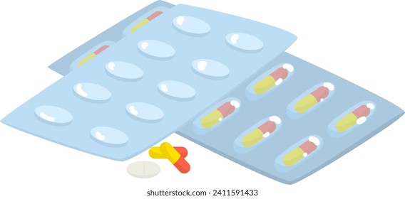 Isometric medication blister packs with pills and capsules. Health care, prescription drugs and pharmaceuticals vector illustration.