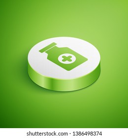 Isometric Medicine bottle icon isolated on green background. Bottle pill sign. Pharmacy design. White circle button. Vector Illustration