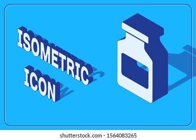 Isometric Medicine bottle icon isolated on blue background. Bottle pill sign. Pharmacy design.  Vector Illustration
