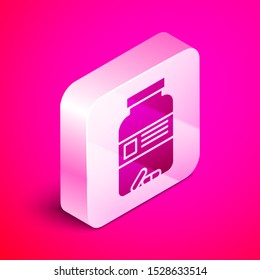 Isometric Medicine bottle and pills icon isolated on pink background. Bottle pill sign. Pharmacy design. Silver square button. Vector Illustration