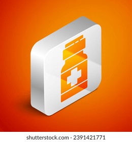 Isometric Medicine bottle and pills icon isolated on orange background. Medical drug package for tablet, vitamin, antibiotic, aspirin. Silver square button. Vector