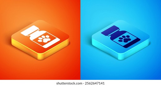 Isometric Medicine bottle and pills icon isolated on orange and blue background. Container with pills. Prescription medicine for animal.  Vector