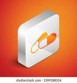Isometric Medicine pill or tablet icon isolated on orange background. Capsule pill and drug sign. Pharmacy design. Silver square button. Vector Illustration