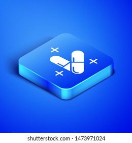Isometric Medicine pill or tablet icon isolated on blue background. Capsule pill and drug sign. Pharmacy design. Blue square button. Vector Illustration