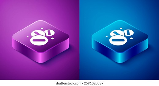 Isometric Medicine pill or tablet icon isolated on blue and purple background. Capsule pill and drug sign. Pharmacy design. Square button. Vector Illustration