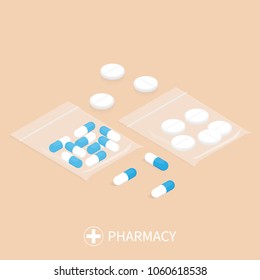 isometric medicine pills zip bag vector