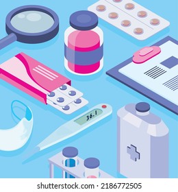 Isometric Medicine Poster With Medical Supplies