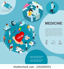 Isometric medicine template with medical consultation doctors patient in hospital ward smartwatch mobile laptop hand holding heart tonometer stethoscope vector illustration