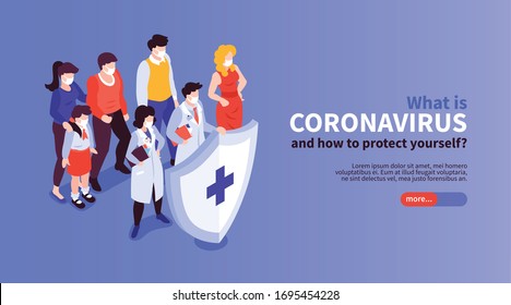 Isometric medicine virus coronavirus horizontal banner with human characters in masks protective shield and editable text vector illustration