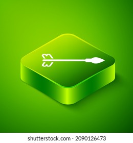 Icono de flechas medievales isométricas aisladas en fondo verde. arma medieval. Botón cuadrado verde. Vector