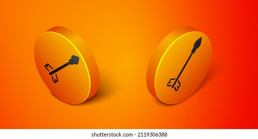 Icono de flechas medievales isométricas aisladas en el fondo naranja. arma medieval. Botón de círculo naranja. Vector