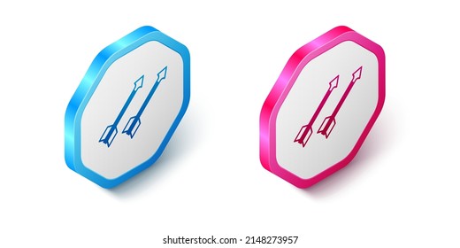Isometric Medieval arrows icon isolated on white background. Medieval weapon. Hexagon button. Vector