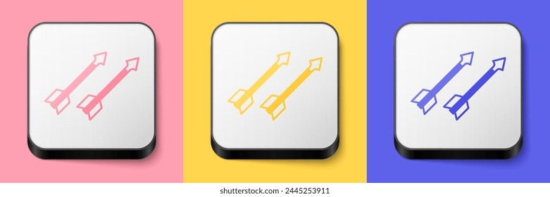 Isometric Medieval arrows icon isolated on pink, yellow and blue background. Medieval weapon. Square button. Vector