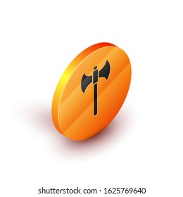 Isometric Medieval axe icon isolated on white background. Battle axe, executioner axe. Orange circle button. Vector Illustration