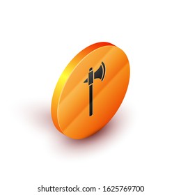 Isometric Medieval axe icon isolated on white background. Battle axe, executioner axe. Orange circle button. Vector Illustration