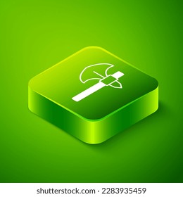 Isometric Medieval axe icon isolated on green background. Battle axe, executioner axe. Medieval weapon. Green square button. Vector