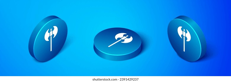 Icono de hacha medieval isométrico aislado en fondo azul. Battle ax, verdugo hacha. arma medieval. Botón de círculo azul. Vector