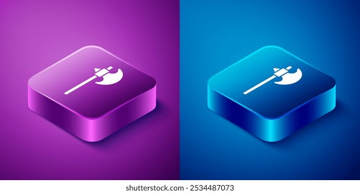 Isometric Medieval axe icon isolated on blue and purple background. Battle axe, executioner axe. Medieval weapon. Square button. Vector