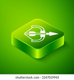 Isometric Medieval bow and arrow icon isolated on green background. Medieval weapon. Green square button. Vector
