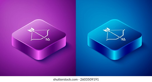 Isometric Medieval bow and arrow icon isolated on blue and purple background. Medieval weapon. Square button. Vector