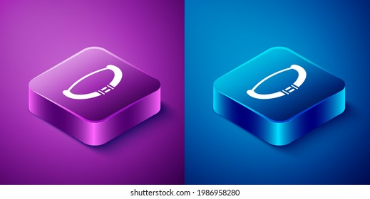 Isometric Medieval bow icon isolated on blue and purple background. Medieval weapon. Square button. Vector