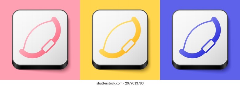 Isometric Medieval bow icon isolated on pink, yellow and blue background. Medieval weapon. Square button. Vector