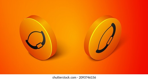 Isometric Medieval bow icon isolated on orange background. Medieval weapon. Orange circle button. Vector