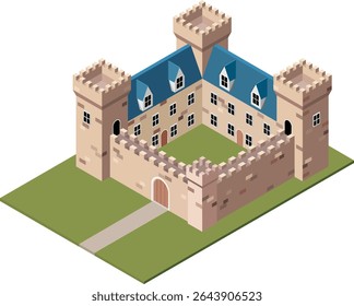 Isometric Medieval Castle with Courtyard and Towers