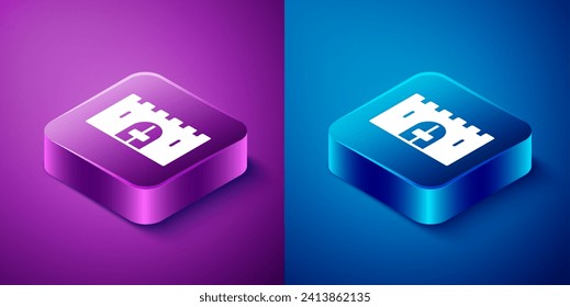 Isometric Medieval castle gate in a stone wall icon isolated on blue and purple background. Medieval fortress. Protection from enemies. Square button. Vector