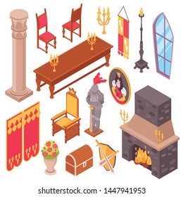 Isometric medieval castle royal hall interior set of isolated inside fitting images and pieces of furniture vector illustration