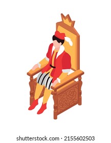 Isometric medieval castle royal hall interior composition with isolated human character on blank background vector illustration