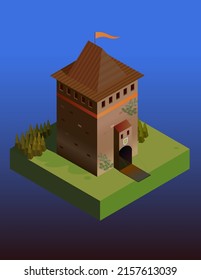 Isometric Medieval Castle Tower With Gate And Drawbridge, 3d Vector Illustration