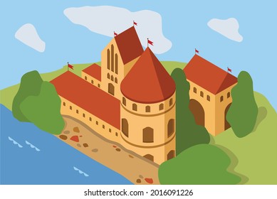 Isometric medieval castle in Trakai, Lithuania. Middle ages European castle. History, tourism, game concept