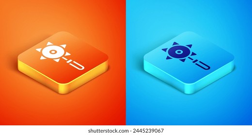 Isometric Medieval chained mace ball icon isolated on orange and blue background. Medieval weapon.  Vector